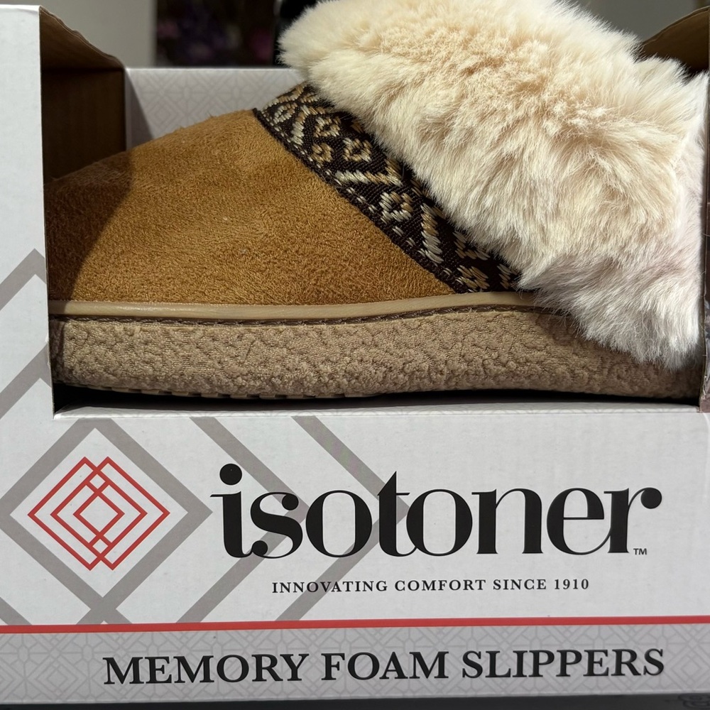 Isotoner Brown and Cream Memory Foam Slippers